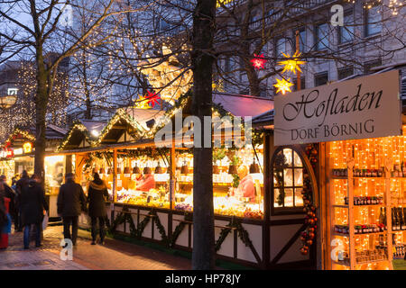 DUISBURG, GERMANY - DECEMBER 17, 2016: Illuminated Christmas fair kiosk on traditional christmas market in the center of Duisburg, Germany Stock Photo