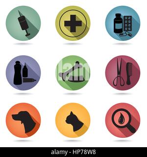 Pets care icons set. Vet clinic symbol. Veterinary Medical pharmacy signs Stock Vector