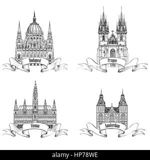 Famous European capital city buildings. Landmarks engraving. Travel Europe symbol set. Prague, Vienna, Amsterdam, Budapest city signs. Stock Vector