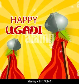 Happy ugadi celebration of India. Vector illustration background Happy Gudi Padwa lettering. Template greeting card holiday. Grey festive pot, bamboo, Stock Vector