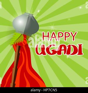 Grey festive pot, bamboo, green palm leafs, red flag, fylfot cross. Vector illustration background Happy Gudi Padwa lettering. Happy ugadi celebration Stock Vector