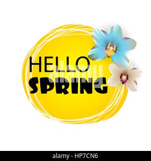 Hello spring lettering. Floral tropical background. Beautiful colored realistic orchids. Greetings, international womens day, mothers day. Spring sale Stock Vector