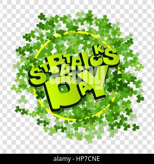 Comic speech phrase. Comic text sound effects. Green clover on transparent background. Lettering funny comic font St Patrick Day. Vector illustration  Stock Vector