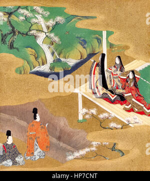 Scene from ‘The Tale of Genji’ by Murasaki Shikibu(c.973-c.1031) showing Hikaru Genji’s first sight of Murasaki whislt visiting Kitayama. Painting in the Yamato-e style by Tosa Mitsuoki (1617-1691). Stock Photo