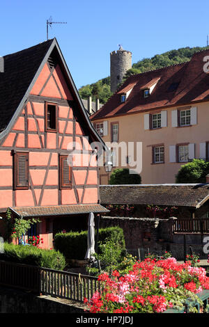 Maison à colombages dans le centre du village sur les rives de la rivière Weiss et en fond le Château Impérial.  Kaysersberg.  F 68 Stock Photo