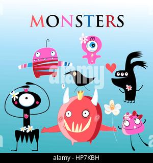 Set of different funny monsters on a blue background Stock Vector