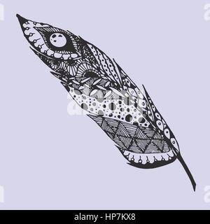 Hand drawn doodle zentangle feather isolated from background. Black and purple illustration with different ornaments. Stock Vector