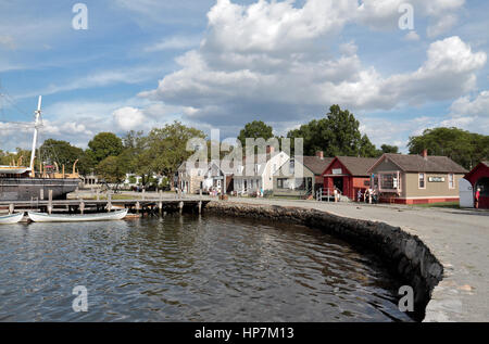 General view of boats moored in the harbor in Mystic Seaport in Mystic, Connecticut, United States. Stock Photo