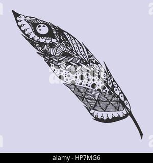 Hand drawn doodle zentangle feather isolated from background. Black and purple illustration with different ornaments. Stock Vector