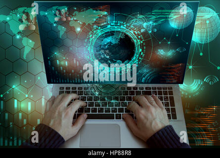 business man hand working on laptop computer with digital layer business strategy and social media diagram Stock Photo
