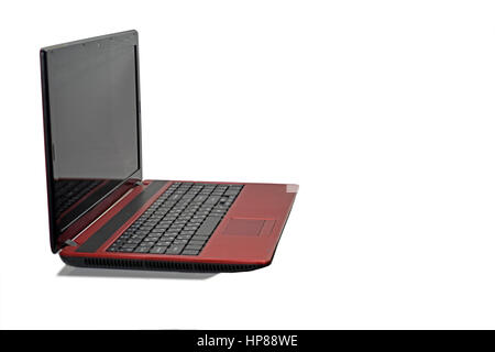 Red laptop with black screen. Isolated on white background Stock Photo
