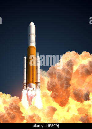 Heavy Rocket In The Clouds Of Fire. 3D Illustration. Stock Photo