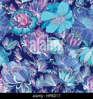 Seamless floral texture with doodle lily, lotus and peonies on dark blue background Stock Vector