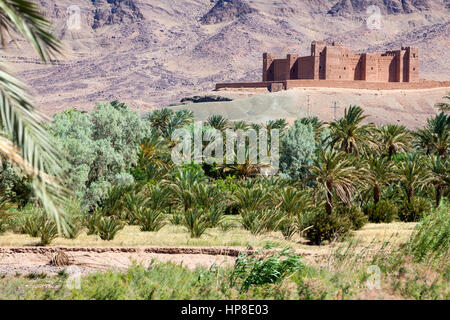 Draa River Valley Scene, Morocco.  Ksar (Kasbah) Tamnougalt, near Agdz. Stock Photo