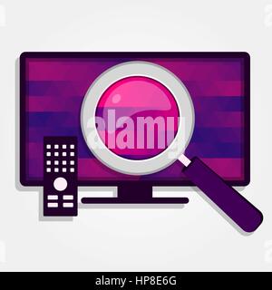 Magnifying glass enlarge the colorful screen of a TV. Stock Vector