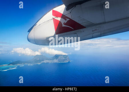 Flying over Lord Howe Island, in a QantasLink twin propellor De Havilland aircraft, New South Wales, Australia Stock Photo