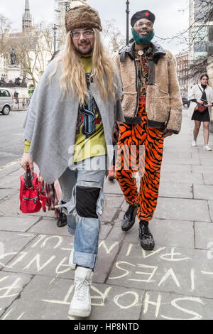 London, UK. 19th February, 2017. London Fashion Week sees guests, designers and fashion students arriving wearing personalised fashion creations for the various events. © Guy Corbishley/Alamy Live News Stock Photo