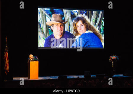 Los Angeles, California, USA.19th February, 2017. Actress Jane Fonda gives a touching speech in tribute to her former husband, activist/politician Tom Hayden, at the public memorial held in his honor at UCLA's Royce Hall in Los Angeles, California, USA on February 19th, 2017.  Thomas 'Tom' Emmett Hayden, died on October 23, 2016 in Santa Monica, California, USA, and was a former United States Senator, author, and activist for civil rights, social issues, and political change. Credit: Sheri Determan/Alamy Live News Stock Photo
