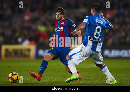 Barcelona, Spain. 19th Feb, 2017. Sergi Roberto (FC Barcelona) duels for the ball against Gabriel (CD Leganes), during La Liga soccer match between FC Barcelona and CD Leganes, at the Camp Nou stadium in Barcelona, Spain, sunday, february 19, 2017. Foto: S.Lau Credit: dpa/Alamy Live News Stock Photo