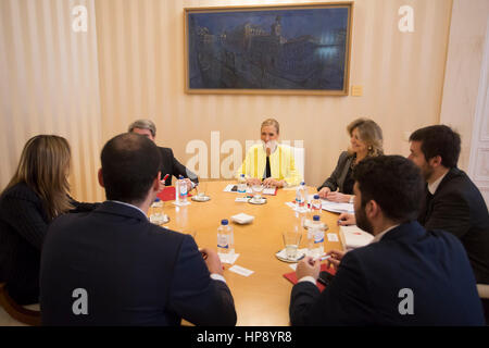 Partido Popular politician Cristina Cifuentes meets with Ciudadanos party representatives for the approval of the city budget in Madrid on Monday 20, February 2017. Stock Photo