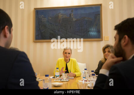 Partido Popular politician Cristina Cifuentes meets with Ciudadanos party representatives for the approval of the city budget in Madrid on Monday 20, February 2017. Stock Photo