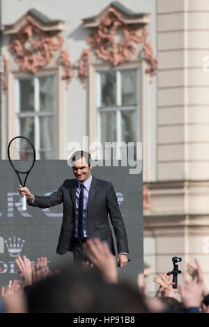 Prague, Czech Republic. 20th Feb, 2017. Switzerland's tennis player Roger Federer greets his fans at the Old Town Square in Prague, Czech Republic, Monday, February 20, 2017. Federer arrived in Prague to promote the Laver Cup, a tournament that will be held in Prague on Sept. 22-24, 2017, pitting six top European players against their counterparts from the rest of the world. Credit: Michal Kamaryt/CTK Photo/Alamy Live News Stock Photo