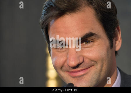 Prague, Czech Republic. 20th Feb, 2017. Switzerland's tennis player Roger Federer attends a news conference in Prague, Czech Republic, Monday, February 20, 2017. Federer arrived in Prague to promote the Laver Cup, a tournament that will be held in Prague on Sept. 22-24, 2017, pitting six top European players against their counterparts from the rest of the world. Credit: Michal Kamaryt/CTK Photo/Alamy Live News Stock Photo