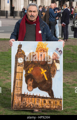 London, UK. 20th Feb, 2017. Political artist Kaya Mar holds up an oil painting of Donald Trump and HM The Queen. Hundreds of protesters gather in a flag flash-mob in Parliament Square to show solidarity with migrants. Over three million migrants live in the UK and face an uncertain future post Brexit. Credit: Bettina Strenske/Alamy Live News Stock Photo