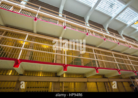 San Francisco, California, United States - August 14, 2016: Alcatraz main cells on three levels. All the cells are single for the best control of inma Stock Photo