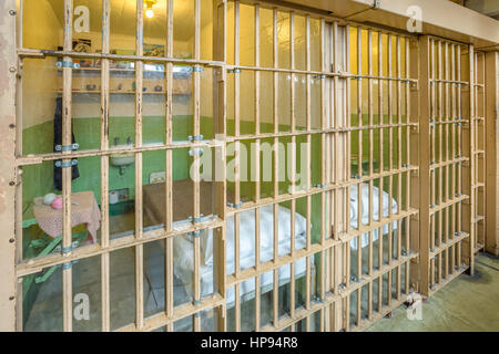 San Francisco, California, United States - August 14, 2016: Alcatraz prison main room with three rows of cells on three levels. Many tourists visiting Stock Photo