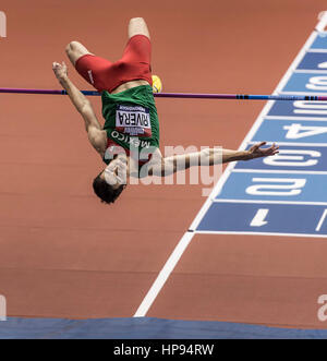 Edgar Rivera on his way to a third place in the Mens High jump Final at the Barclaycard Arena, Birmingham, England. The Muller Indoor Grand Prix. Stock Photo