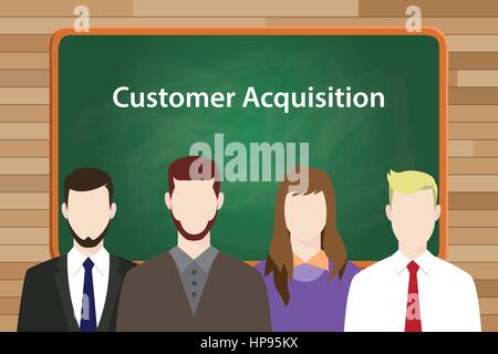 customer acquisition white text illustration with four people standing in front of green chalk board vector Stock Vector