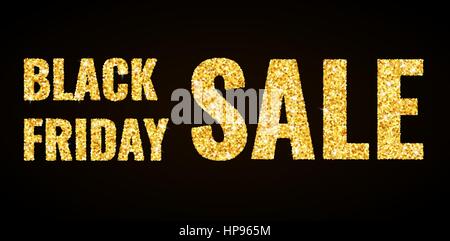 Black friday sale - gold glitter hand lettering on black background greeting card Stock Vector