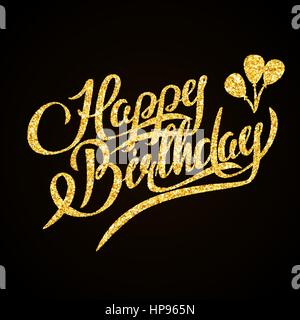 Happy Birthday - gold glitter hand lettering on black background greeting card Stock Vector