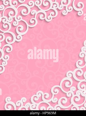 Pink 3d Floral Swirl Vertical Background with Curl Pattern for Valentines Day or Wedding Invitation Card. Abstract Vector Vintage Design Template Stock Vector