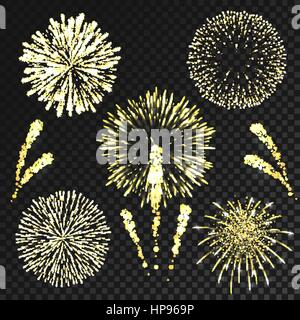 Vector fireworks set in various shapes isolated on black transparent background Stock Vector