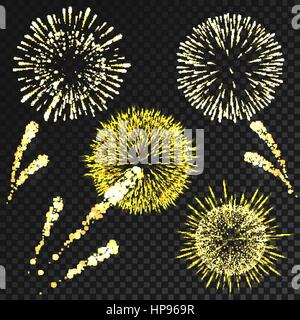 Vector fireworks set in various shapes isolated on black transparent background Stock Vector