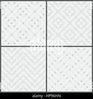 Seamless pattern. Collection of four simple classic textures. Regularly repeating geometric shapes, rhombuses, dashed lines, arcs, circles, zigzags, w Stock Vector