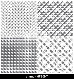 Seamless pattern. Collection of four simple classic textures. Regularly repeating geometric shapes, squares, zigzags, triangles, stripes. Monochrome.  Stock Vector