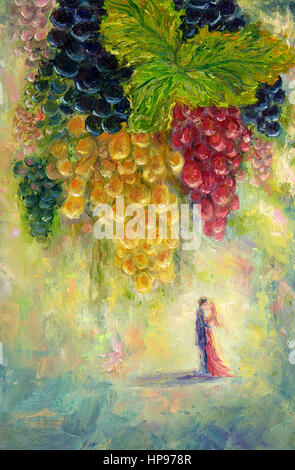 Original  oil painting of bunch of grapes and couple kissing in distance  on canvas.Modern Impressionism, modernism,marinism Stock Photo