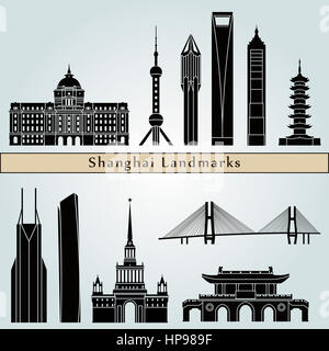 Shanghai V2 landmarks and monuments isolated on blue background in editable vector file Stock Photo