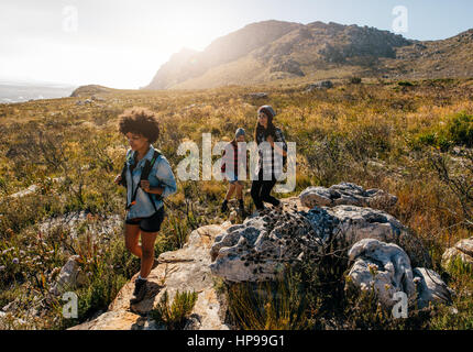 Group of hikers on a mountain. Young people on mountain hike. Stock Photo