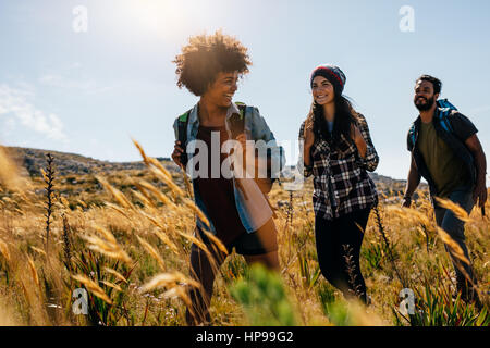Happy group of friends hiking together on a summer day. Group of friends on walk through countryside. Stock Photo