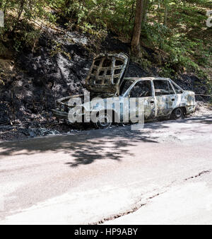 Burnt out car wreck after a fire in the forest road. Burnt out abandoned car. Stock Photo