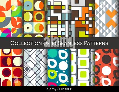 Geometric abstract seamless pattern collection. Simple motif background set. Colorful decoration design. Trendy style patterns Stock Vector