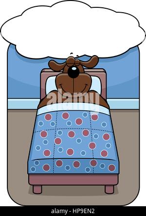 A cartoon dog in bed dreaming and smiling. Stock Vector