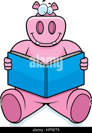 A cartoon hippo reading a book and smiling. Stock Vector