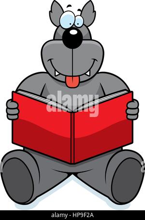 A cartoon wolf reading a book and smiling. Stock Vector