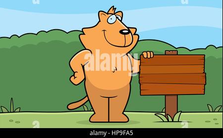 A happy cartoon cat with a wooden sign. Stock Vector