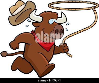 A happy cartoon rodeo buffalo running with a lasso. Stock Vector